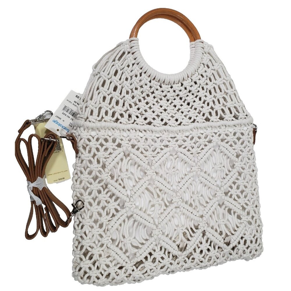Studio Collection Hand Bag White Macramé Purse Wood Handles New with Tags